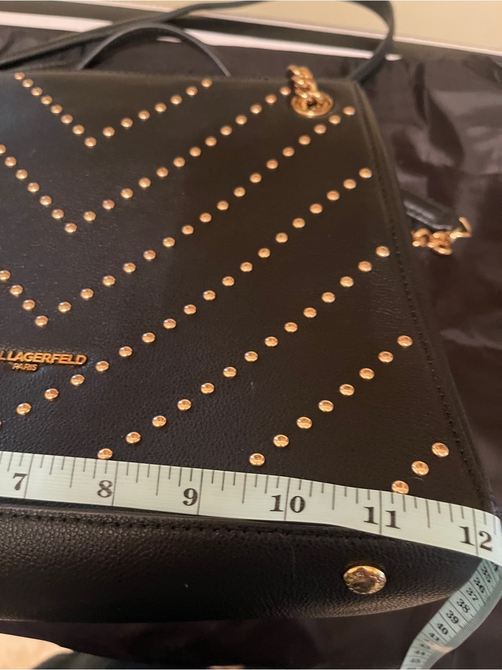 Karl Lagerfeld Black Leather Tote with Gold Stud Chevron & Chain Straps - Picture 12 of 14